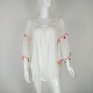 White PomPom Peasant Top - 1X